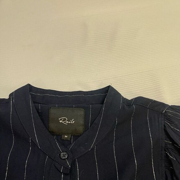 Rails Blouse Piper Tie Front Navy Silver Stripe Ruffle Button Up Shirt Medium - Picture 3 of 10